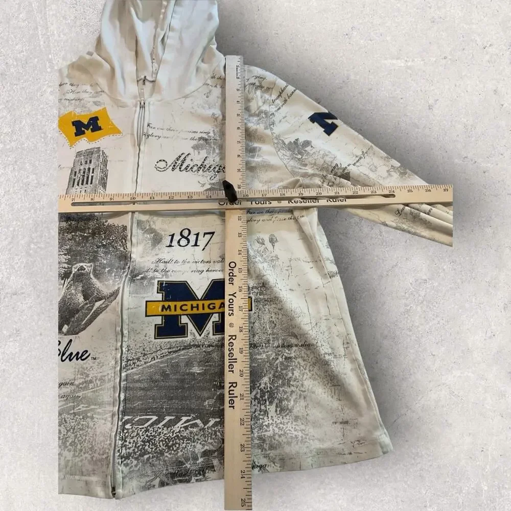 University of Michigan Womens Cream Zip Up Graphic Hoodie M Go Blue Wolverines